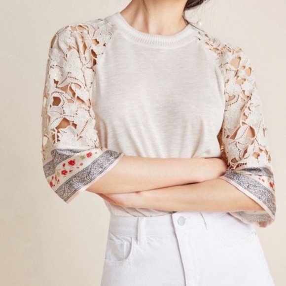 Anthropologie Tiny Cassidy Cream Lace Sleeve Satin Trim Blouse Top - Picture 11 of 11